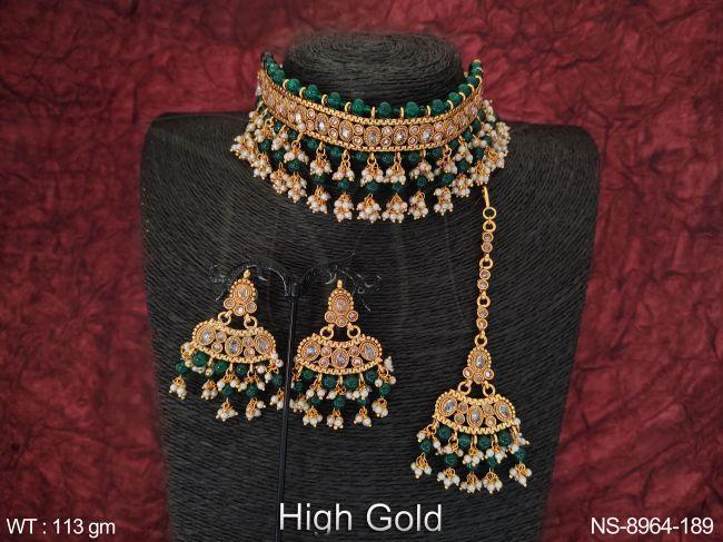 Beautiful High Gold Polish Designer Fancy Style Antique Necklace Set with Maang tikka