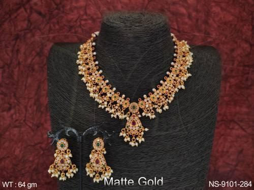 Designer Full Stones Clustered Pearl Tassels Party wear  Beautiful Matte Gold Polish Necklace Set  