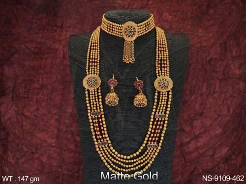 Ethnic Beaded 5 Layers Matte Gold Polish Designer Beautiful Long Necklace Set