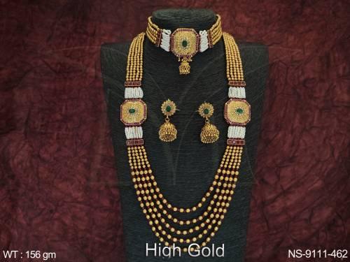 Beautiful High Gold Polish Fancy Style Party wear Ethnic Beaded 5 Layer Long Necklace Set 