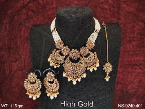 Full Stones Designer Fancy Style Party wear High Gold Polish Antique Necklace Set 