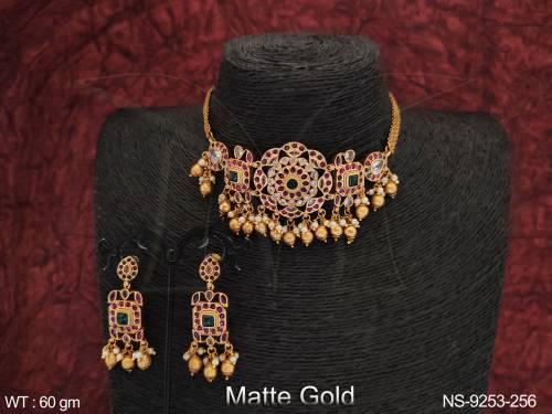 Matte Gold Polish Designer Full Stones Party wear Antique Necklace Set