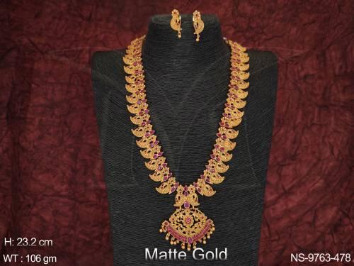 Full Antique Stones Matte Gold Polish Designer Long Necklace Set 