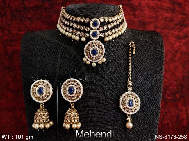 mehendi polish full white stones antique designer fancy style party wear necklace set with maang tikka