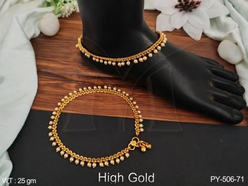Clustered Pearl High Gold Polish Fancy Desing Antique Jewellery Antique Designer Payal Anklet 