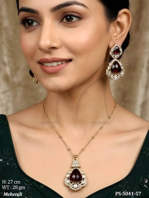 Traditional Full Stone Pendant Set with Earrings