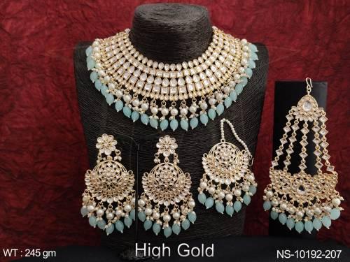 High Gold Polish Designer Beautiful Antique Full Stones Clustered Pearl Party wear Choker Necklace Set