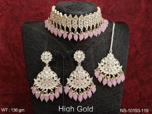 High Gold Polish Clustered Pearl Part wear Full Antique Stones Choker Necklace Set