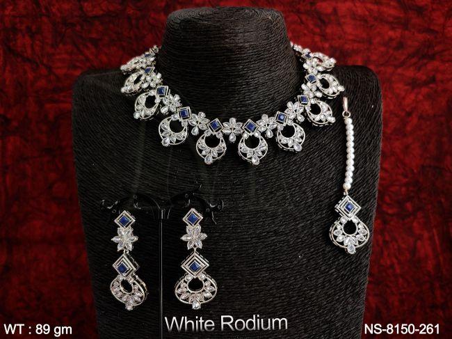 WEDDING WEAR FULL WHITE MUTLI SHAPE STONE POLKI NECKLACE WITH MAANG TIKKA