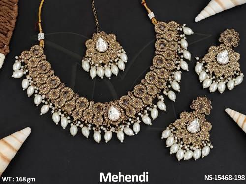 antique-jewellery-mehendi-polish-clustered-pearl-party-wear-necklace-set-