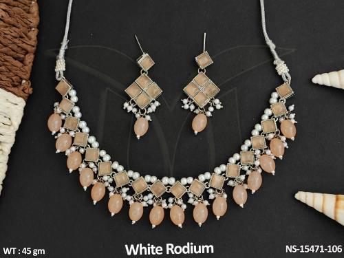 Antique Jewellery White Rodium Polish Stylish Design Fancy Necklace Set 