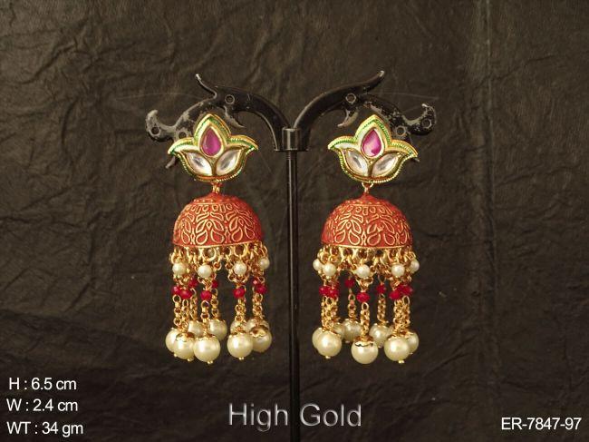 Meena kari heavy beads chain polki jhumka