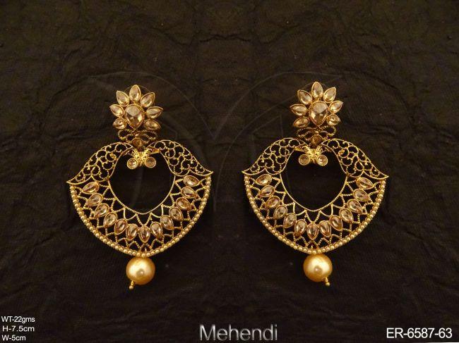 reverse paan webbed stone antique earrings detail