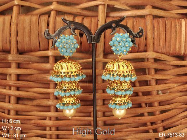 Coloring moti triple jhumka antique earring