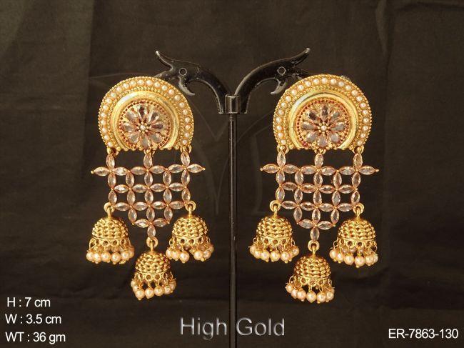Marquise stone flower design antique triple jhumka earring