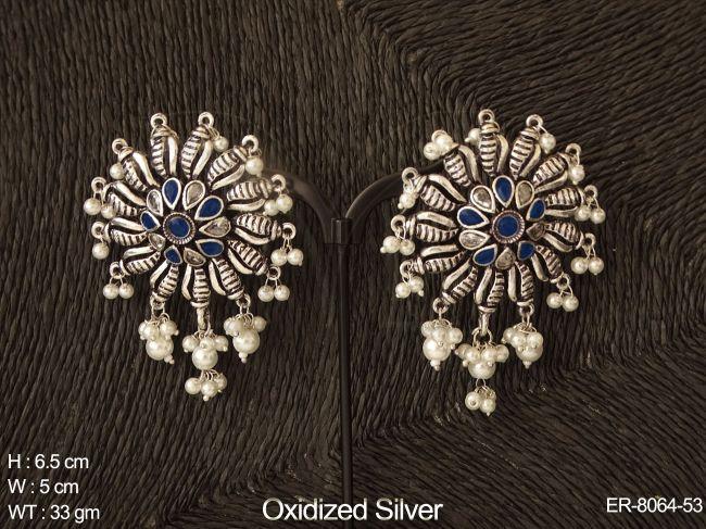 shankh shape silver oxidized with pearl earring