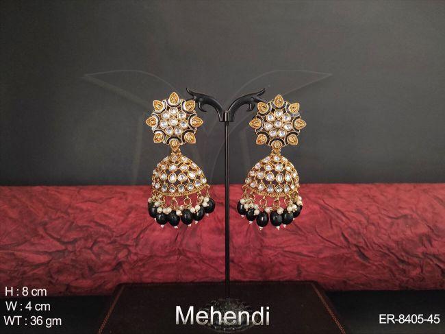 Clustered pearl Full Stone Mehendi Polish Antique Jhumka Type Earring