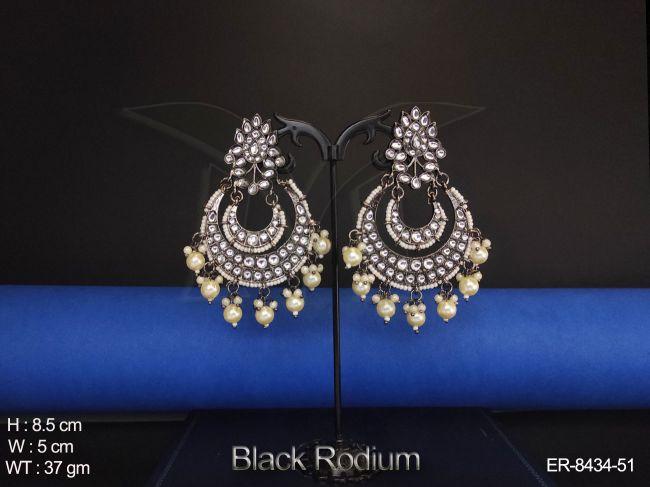 Clustered pearl Full Stone Polki Chand Bali  Black Rodium Earring