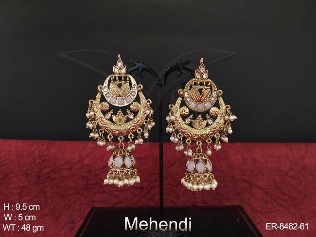 Clustered pearl Mehendi Polish Chand Shape Antique Jhumka Earring