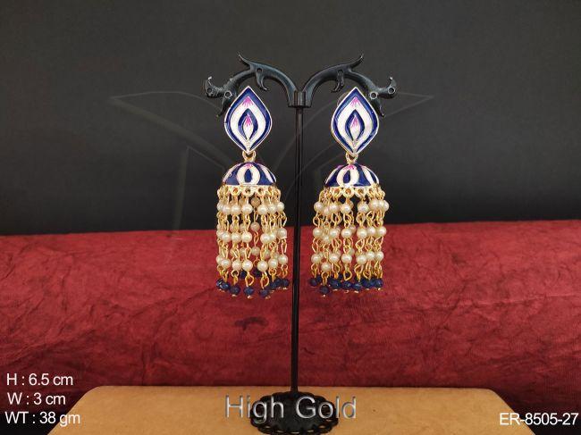 Beautiful  Antique Clustered Pearl Meenakari High Gold polish Long jhumka earrings
