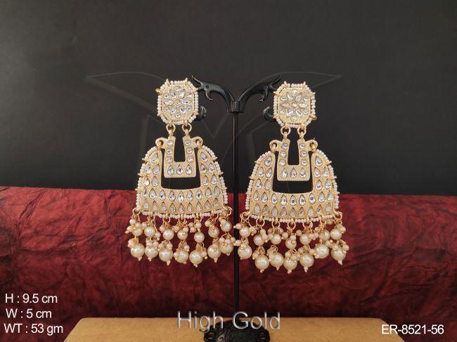 high gold polish designer clustered pearl full white stones fashion long party wear earring
