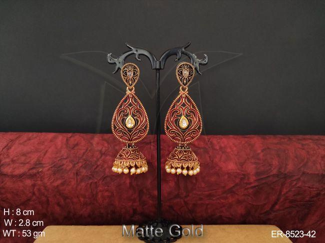 Antique Matte Gold Polish Designer party wear Fashion Long Jhumka Earrings