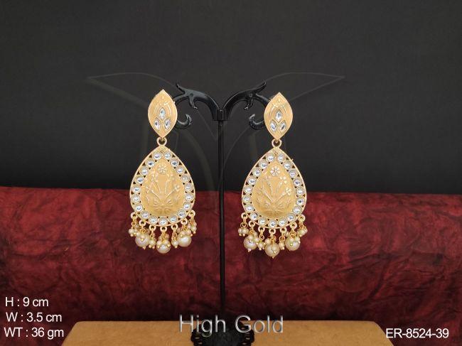 high gold polish beautiful meenakari hand painting white stones desinger party wear long earrings