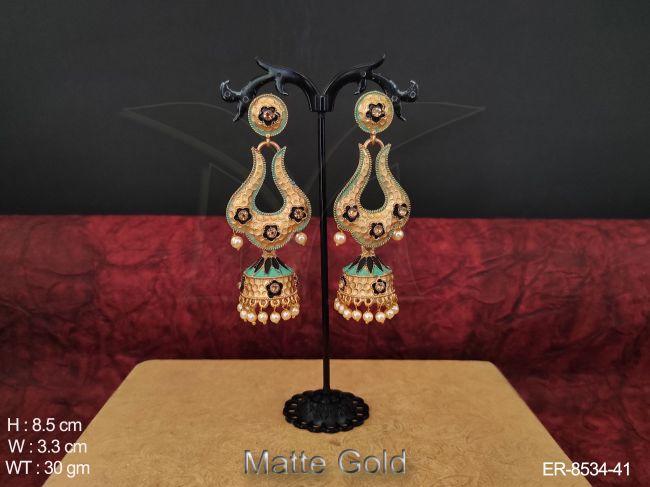 Antique Fancy Designer Matte Gold Polish cluster Pearl Long Jhumka Earring