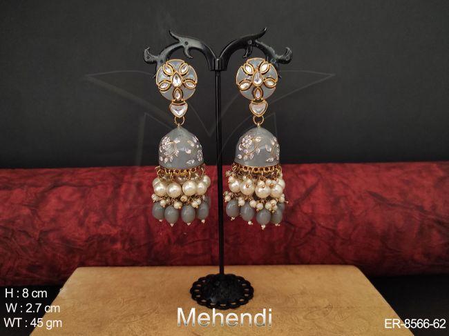 mehendi polish designer meenakari design beautiful party wear clustered pearl long jhumka earring