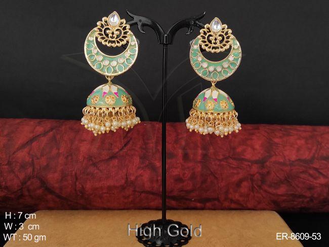 Antique Designer High Gold Polish MeenaKari Clustered Pearl Party wear Beautiful Jhumka Earring