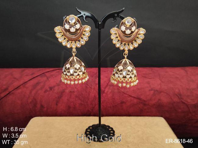 Beautiful Meenakari Designer High gold Polish Antique white stones Clustered Pearl Fancy Party wear Jhumka Earring