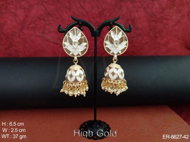 Beautiful Meenakari Clustered Pearl High Gold Polish Fancy Stylish party wear Jhumka Earring