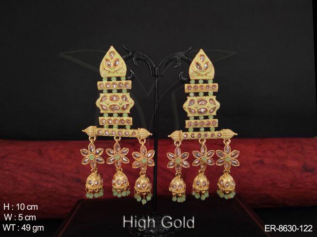 Antique Designer Full white Stones beautiful Flower Design High Gold Polish Party wear Long Jhumka Earring