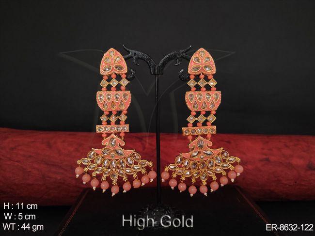 Antique Designer Beautiful White Stones High Gold Polish Fancy stylish Party wear Long Earring — ER-8632-122