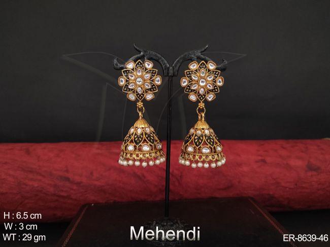 Beautiful Designer Mehendi Polish Antique Full White Stones Clustered Pearl Party wear Fancy Jhumka Earring