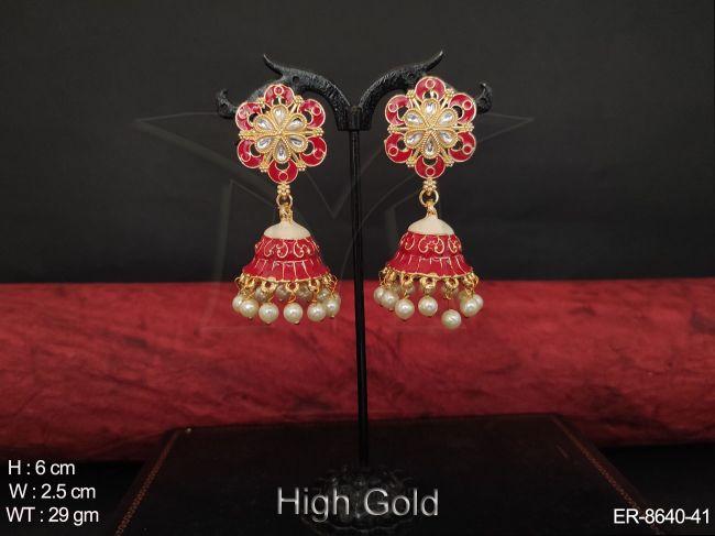 Beautiful Meenakari Design High Gold Polish Clustered Pearl Designer Fancy Party wear Jhumka Earring