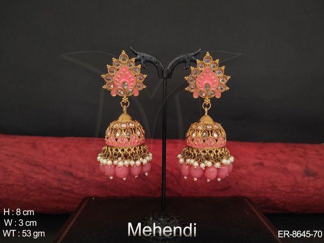 Beautiful Designer Fancy Stylish Mehendi Polish Antique Full White Stone Clustered Pearl Party wear Long Jhumka Earring