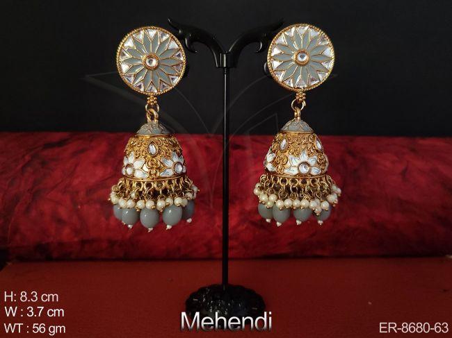 Beautiful Designer Antique Full White Stones Mehendi Polish party wear Stylish jhumka Earring