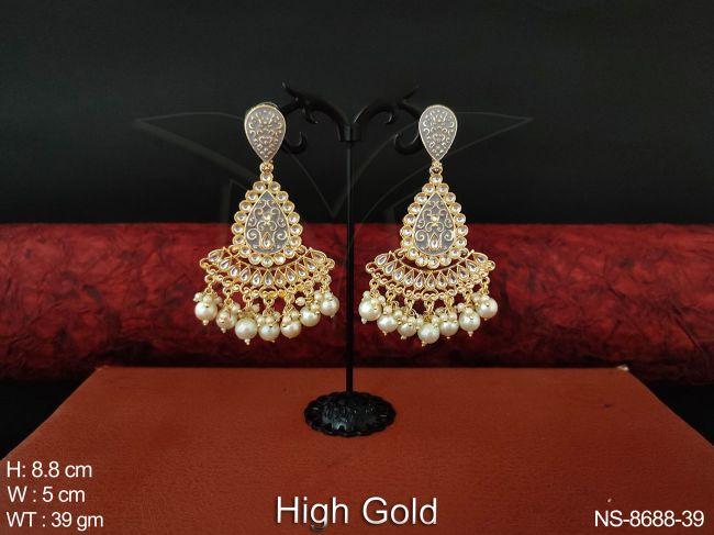 designer antique fancy stylish full white stones high gold polish party wear long earring
