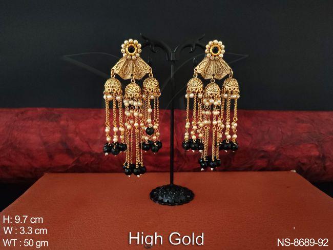 antique design clustered pearl high gold polish fancy stylish party wear jhumka earring