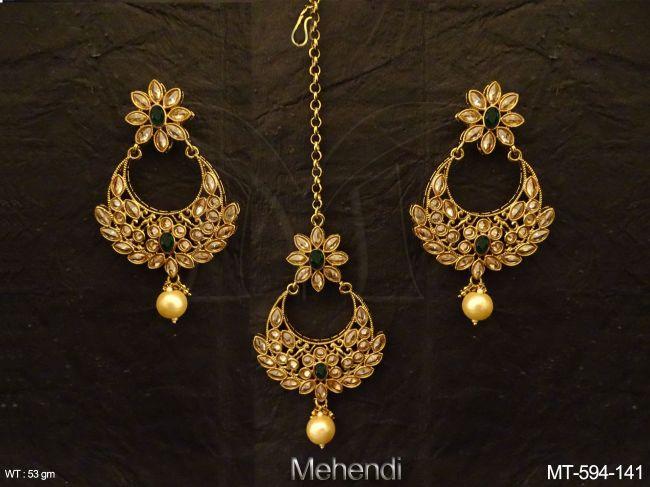 chand shape markish diamond stone polki maang tikka earrings