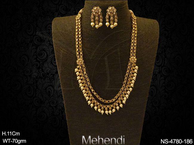 Long Double Layer Moti Stone Polki Necklace - Necklace Sets - Copper ...