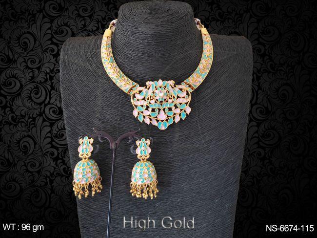 meena colouring paan stone antique jhumka earring. necklace set