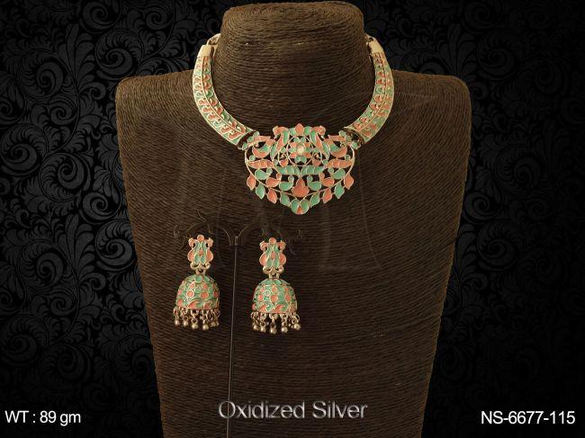 meena colouring paan stone antique jhumka earring oxidised necklace set