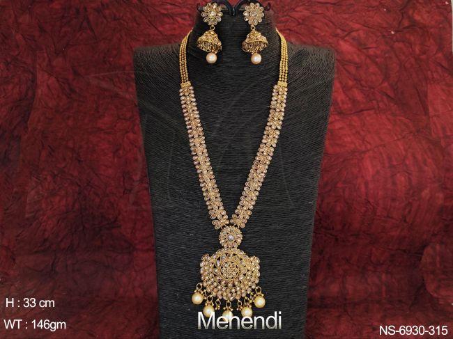 Polki Full Stone Desgner Mehendi Polish Long Necklace Set