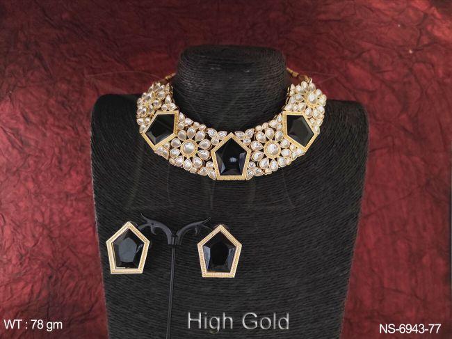 full stone kundan delicate high gold polish necklace set.
