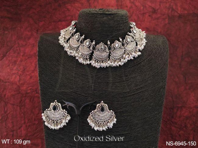 Clustered pearl Oxidized  Silver Polish  Desgner Necklace Set