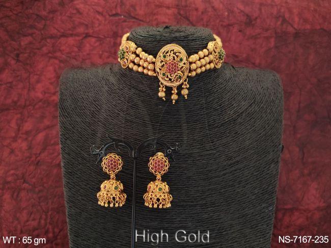 Designer Antique Enthic Beaded 3 Layer Choker Style High Gold Necklace Set