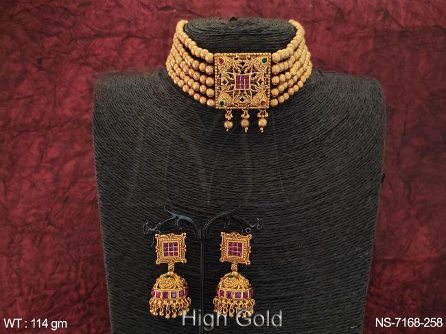 Ethic Beaded Designer High Gold Polish 5 Layer Choker Style Necklace Set