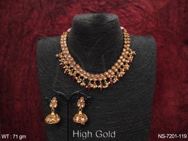 Designer Full White Stones Antique Design High Gold Polish Fashion Choker Style Necklace Set